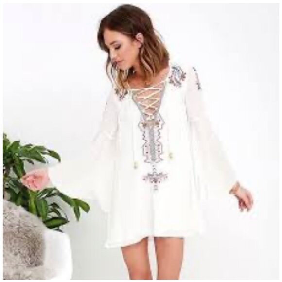 Lulus My Bell-Loved Ivory Embroidered Shift Tunic Top Peasant S Boho Cottage Cor - Picture 2 of 15